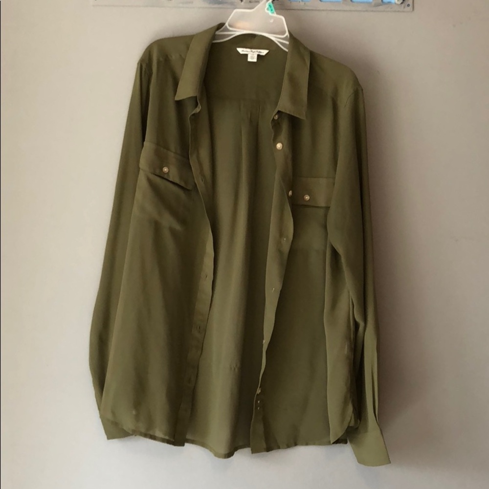 Sheer olive green button down shirt